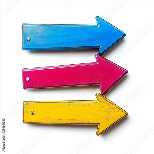 Three colorful wooden arrow signs pointing in different directions.