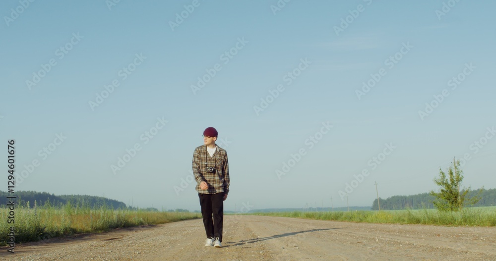 A young stylishly dressed male photographer walks along a gravel road among agricultural fields in search of photo inspiration. 4k video, red komodo A young stylishly dressed male photographer walks along a gravel road among agricultural fields in search of photo inspiration. 4k video, red komodo