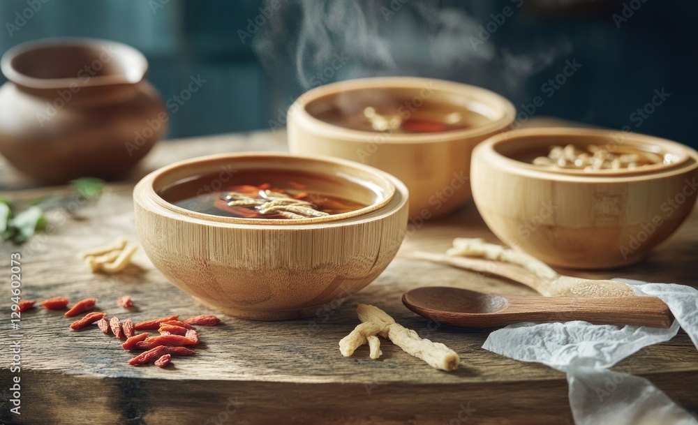 Wooden bowls of herbal tea, steaming, on rustic table. Possible use stock photo Wooden bowls of herbal tea, steaming, on rustic table. Possible use stock photo