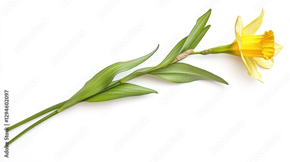 A diagonal composition of a bright yellow daffodil with its trumpet-shaped center A diagonal composition of a bright yellow daffodil with its trumpet-shaped center