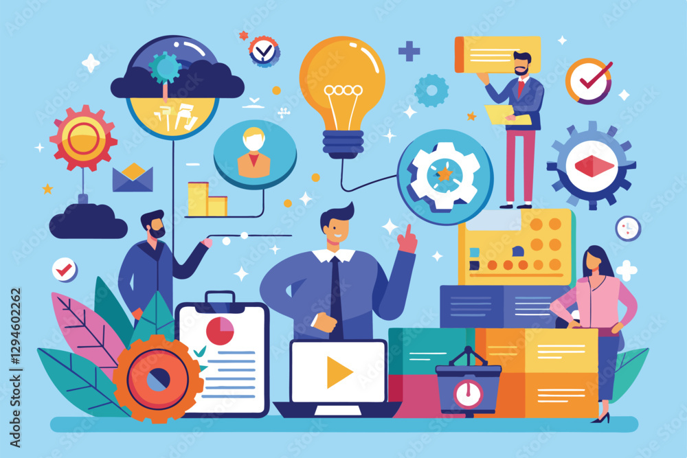 A colorful representation of milestone planning in business projects with diverse professionals collaborating, Milestones of business projects Customizable Flat Illustration A colorful representation of milestone planning in business projects with diverse professionals collaborating, Milestones of business projects Customizable Flat Illustration
