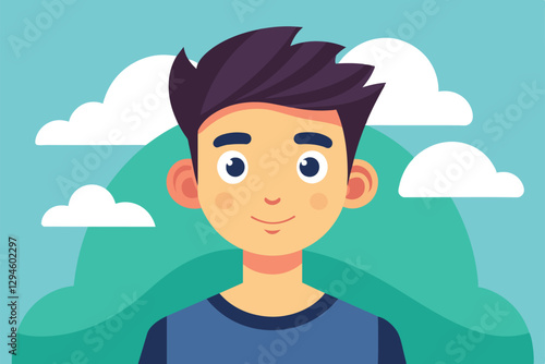 A cheerful cartoon character stands outdoors against a backdrop of stylized clouds and hills, Millennial Customizable Cartoon Illustration