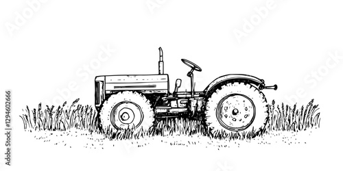 vintage farm tractor in grass sketch doodle vector