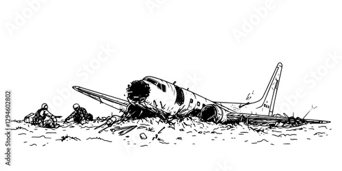abandoned airplane wreck in deserted landscape vector doodle black sketch illustration