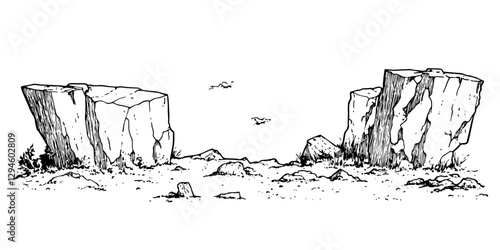 giant broken rocks in barren landscape sketch doodle vector