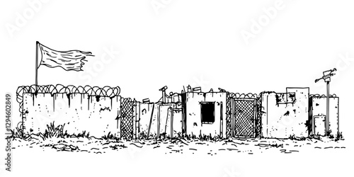 makeshift military outpost with flag and barbed wire vector doodle black sketch illustration