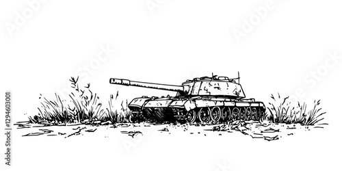 old military tank abandoned in overgrown field vector doodle black sketch illustration
