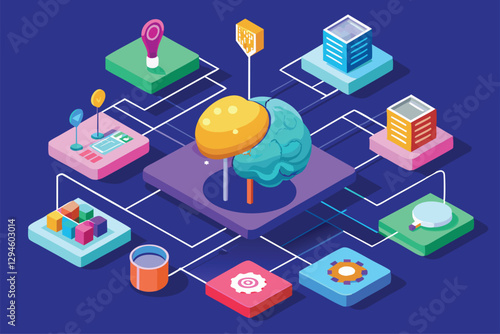 A colorful isometric mind map showcases various interconnected elements like a brain and icons representing ideas, Mind map Customizable Isometric Illustration