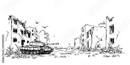 tank in abandoned city ruins hand-drawn apocalyptic vector