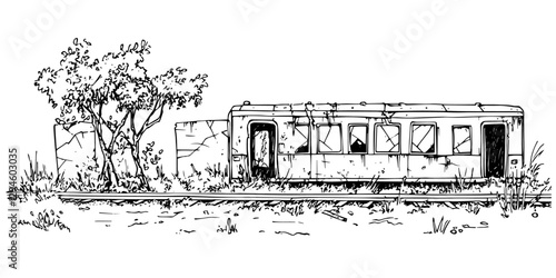 abandoned train car overgrown with plants hand-drawn apocalyptic vector