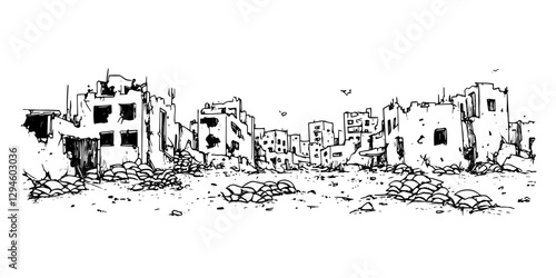 war-torn city ruins with destroyed buildings vector doodle black sketch illustration