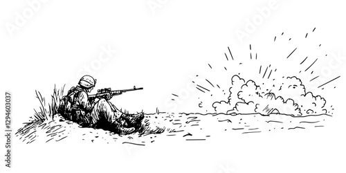 soldier in combat with explosion hand-drawn vector illustration in ink