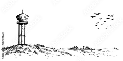 air traffic control tower with flying planes hand-drawn vector illustration in ink