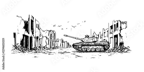 military tank in destroyed war-torn city vector doodle black sketch illustration