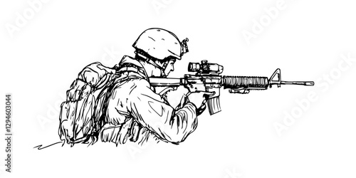 soldier aiming rifle hand-drawn vector illustration in ink