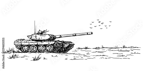 abandoned tank in open field hand-drawn vector illustration