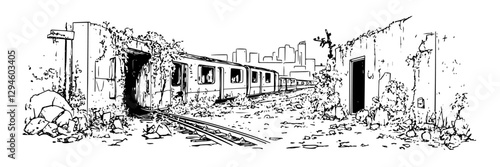 abandoned train postapocalyptic in ruined urban area vector doodle black sketch illustration