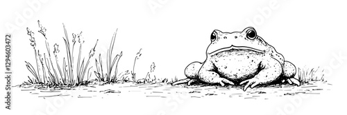 realistic frog sitting on ground with grass vector doodle black sketch illustration