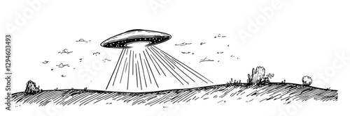 ufo spaceship hovering over field with beam vector doodle black sketch illustration