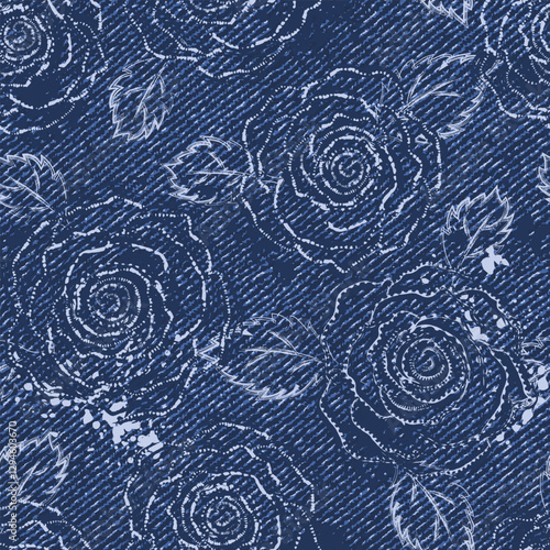 Seamless abstract denim pattern with outline contour roses flowers. Random composition. Grunge boho style. Dotted textured background.