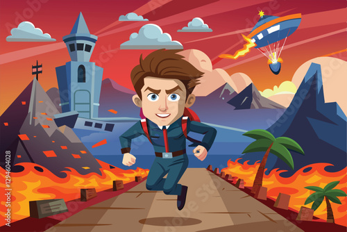 A character runs through a fiery volcanic landscape under a vibrant sky, ready for an adventure, Mission impossible Customizable Cartoon Illustration