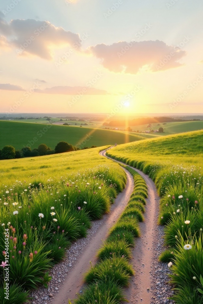 Obraz premium Serene Sunset Pathway Across a Rolling Meadow Landscape with Vibrant Grass and Wildflowers