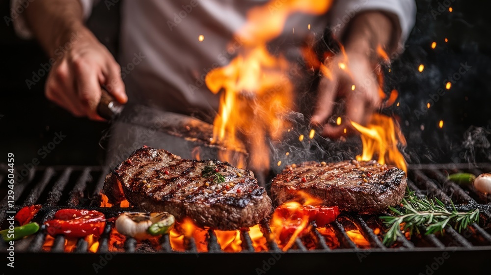 Sizzling Steaks on a Fiery Grill: A Culinary Masterpiece Sizzling Steaks on a Fiery Grill: A Culinary Masterpiece
