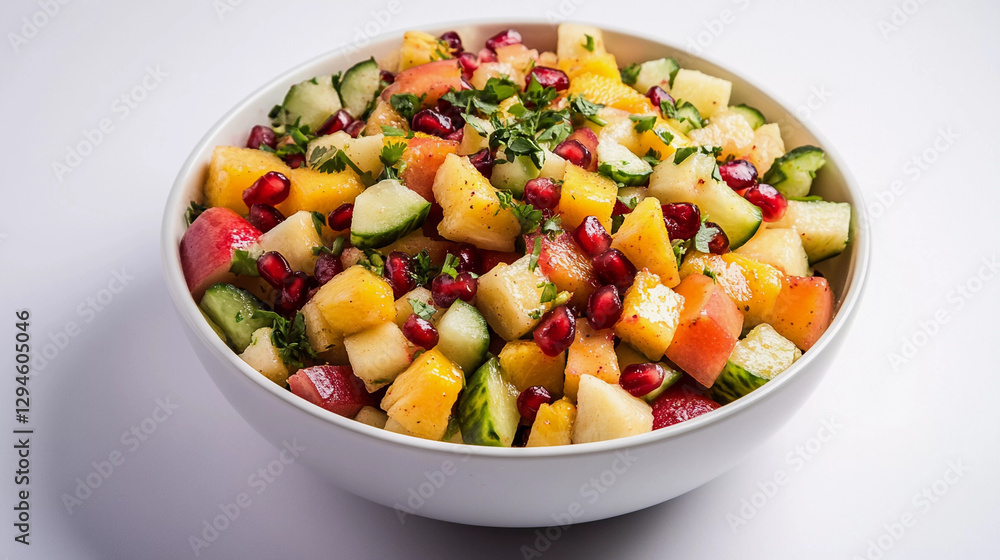 Mixed fruit salad in bowl on white background Mixed fruit salad in bowl on white background