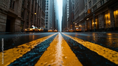 A rainy day in New York City displays yellow taxi cabs
