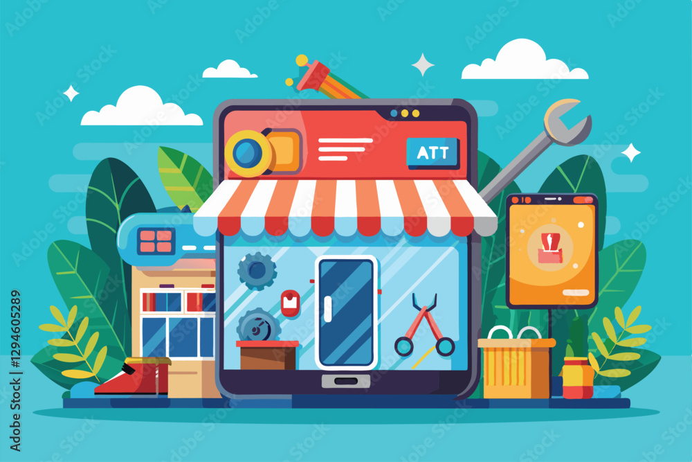 A mobile device repair shop showcases tools and gadgets with a colorful backdrop and lush greenery surrounding it, mobile device repair trending A mobile device repair shop showcases tools and gadgets with a colorful backdrop and lush greenery surrounding it, mobile device repair trending