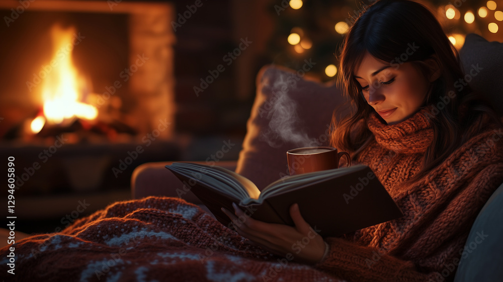Woman reading a book by the fireplace with a cup of hot coffee on a cozy winter night Woman reading a book by the fireplace with a cup of hot coffee on a cozy winter night