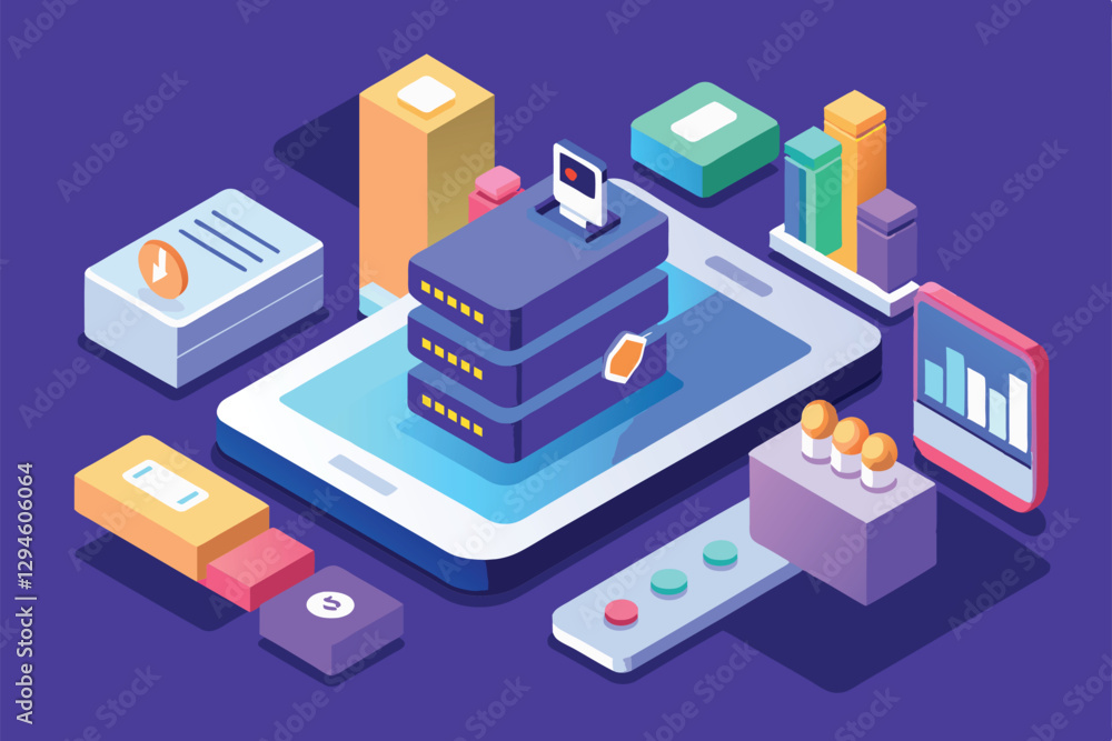 A vibrant isometric depiction of a mobile login interface with various customizable elements and data visuals, Mobile login Customizable Isometric Illustration A vibrant isometric depiction of a mobile login interface with various customizable elements and data visuals, Mobile login Customizable Isometric Illustration