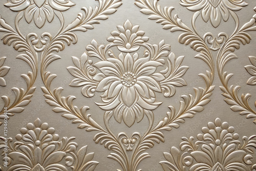 Fototapeta premium Intricate floral pattern, featuring elegant embossed golden designs on textured surface
