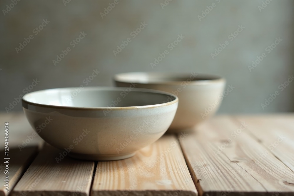 Empty ceramic bowls on a wooden surface Empty ceramic bowls on a wooden surface