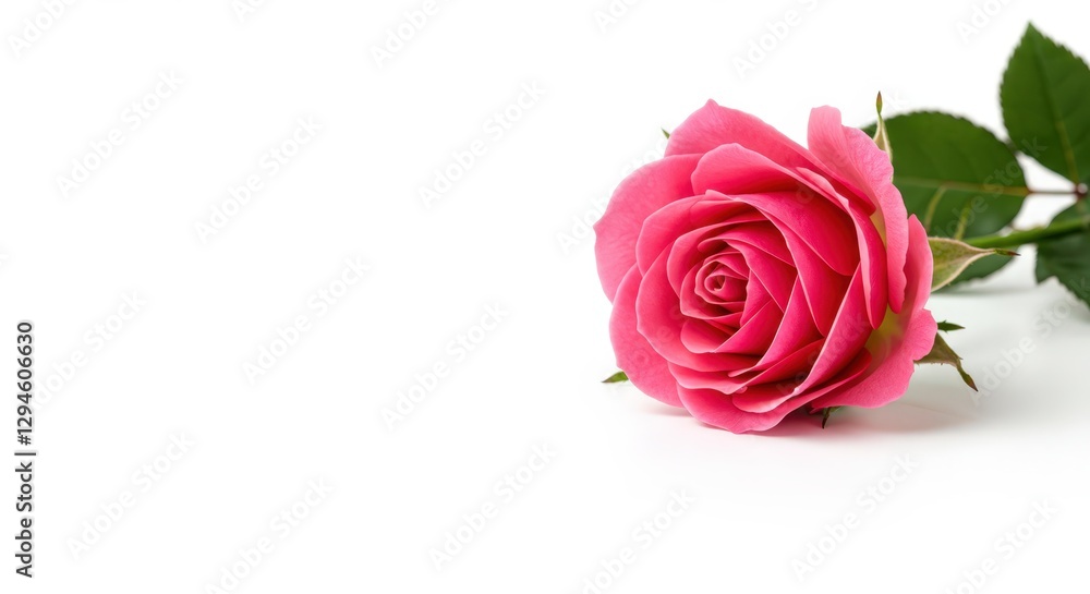Pink rose on white background with copy space. Beautiful flower for love, romance, Valentine's Day, Mother's Day concepts. Floral design element for greeting card, banner, website Pink rose on white background with copy space. Beautiful flower for love, romance, Valentine's Day, Mother's Day concepts. Floral design element for greeting card, banner, website