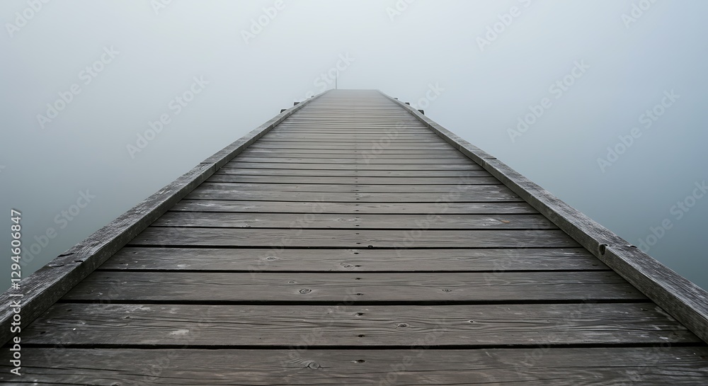 Wooden Pier Disappearing Into Foggy Mist Over Water Perspective View Wooden Pier Disappearing Into Foggy Mist Over Water Perspective View