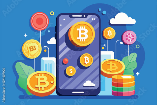 A mobile device showcases Bitcoin digital currency alongside colorful coins and cash in a lively backdrop, mobile phone with bitcoin digital currency and international coins