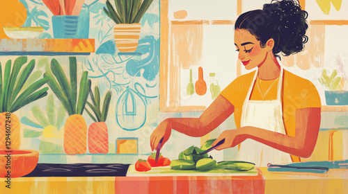 Latina Woman in Her Late 20s Cooking in the Kitchen While Chopping Vegetables with Bright Kitchen Accents in the Background
