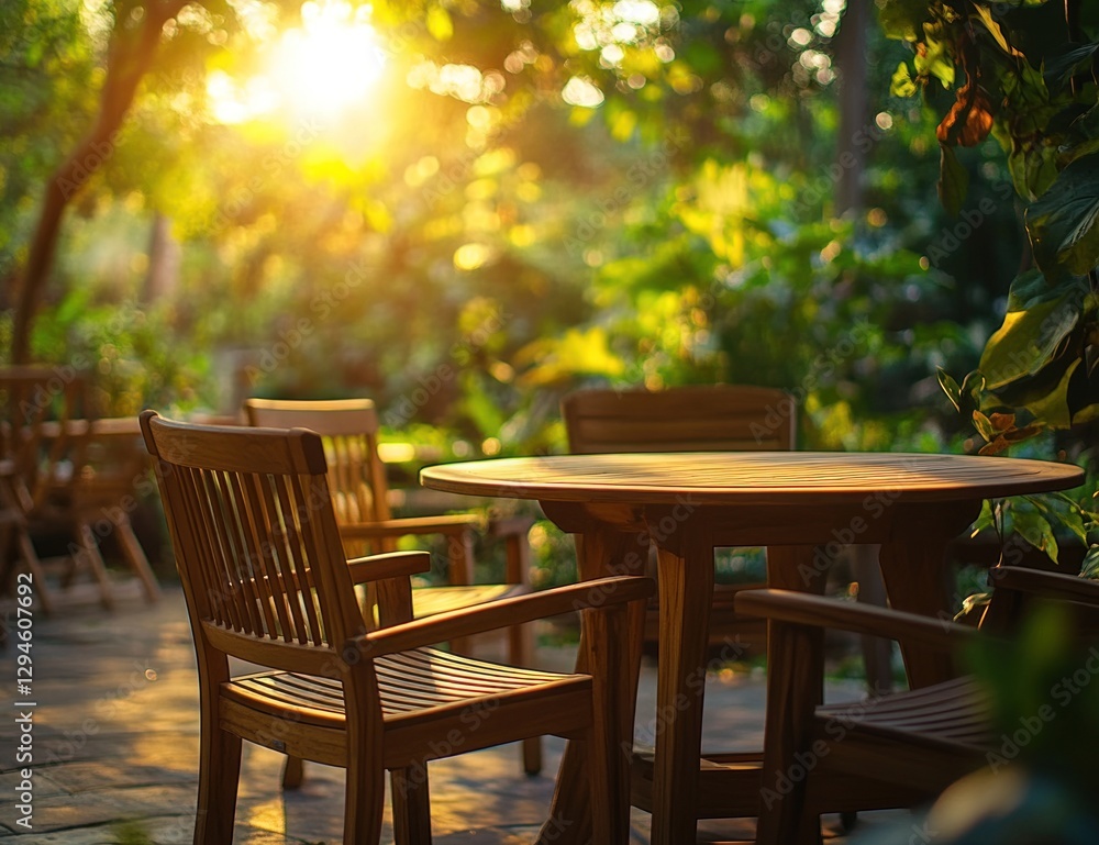 Wooden outdoor cafe table and chairs at sunset Wooden outdoor cafe table and chairs at sunset