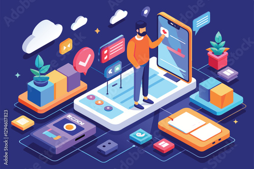 A user customizes a mobile interface, interacting with vibrant elements in a digital isometric space, Mobile user Customizable Isometric Illustration