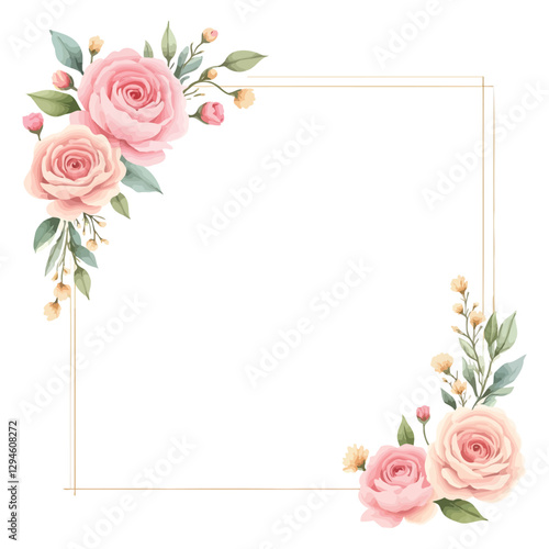 Watercolor pink rose golden floral frame with green leaves