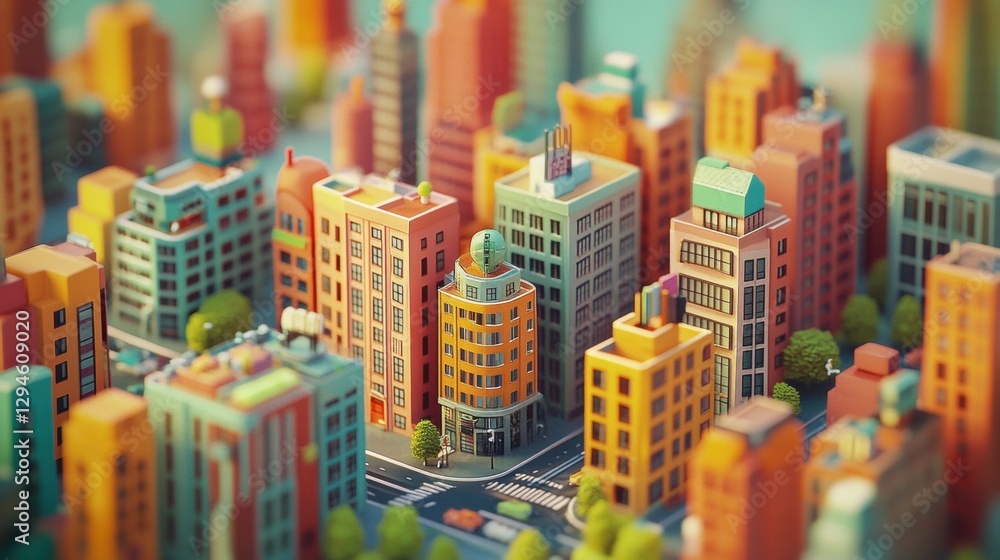 Obraz premium A 3D rendering of a bustling cityscape with colorful buildings and a busy street.
