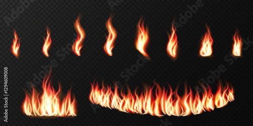 Flaming hot fire with realistic burning lines and fiery explosions. A detailed vector illustration featuring glowing orange flames and heat effects on a black background. Perfect for bonfire designs