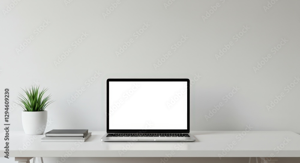 Laptop with blank white screen on desk with plant and books. Minimalist workplace setup with copy space for text or design. Mockup template for website, presentation Laptop with blank white screen on desk with plant and books. Minimalist workplace setup with copy space for text or design. Mockup template for website, presentation