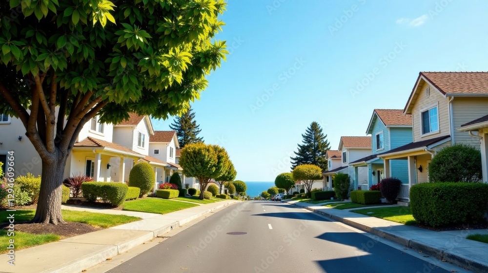 Residential street with ocean view, charming homes, lush landscaping, and a sunny sky Residential street with ocean view, charming homes, lush landscaping, and a sunny sky