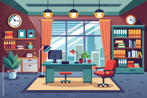 An inviting director's office featuring a spacious desk, bookshelves, and large windows with city views, Modern interior director's office vector illustration