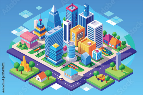 This illustration showcases a bustling modern city filled with various skyscrapers, parks, and homes, Modern Megapolis Isometric Map concept