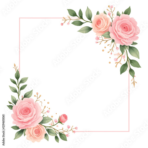 Watercolor pink rose golden floral frame with green leaves