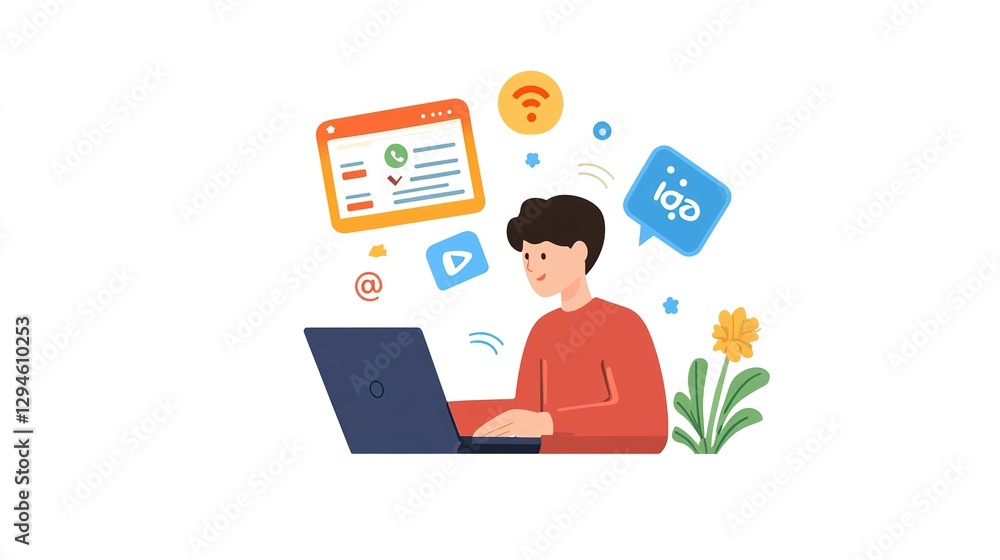 Bilingual writer typing on laptop surrounded by digital icons in creative workspace Bilingual writer typing on laptop surrounded by digital icons in creative workspace