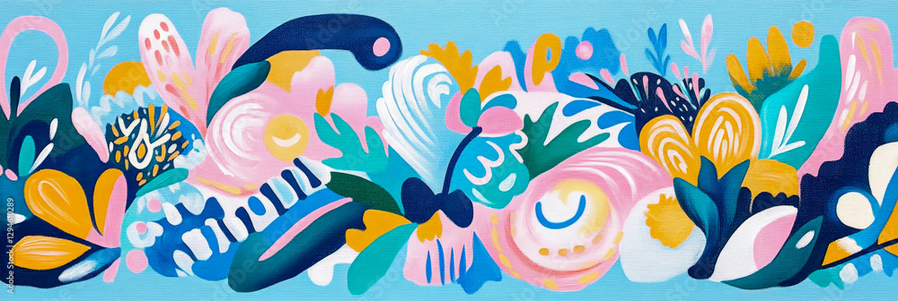 Fototapeta premium Whimsical Floral Abstract, A Burst of Joyful Blooms, Summer Garden Mood, Design for Print, Card, Poster